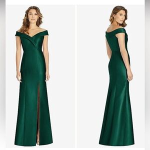 ALFRED SUNG Off Shoulder Cuff Trumpet Front Slit Satin Twill Green Maxi Dress